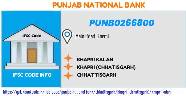 Punjab National Bank Khapri Kalan PUNB0266800 IFSC Code