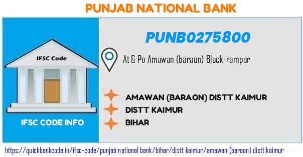 Punjab National Bank Amawan baraon Distt Kaimur PUNB0275800 IFSC Code
