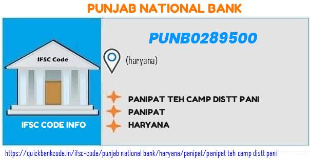 Punjab National Bank Panipat Teh Camp Distt Pani PUNB0289500 IFSC Code