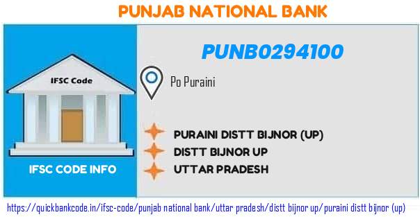 Punjab National Bank Puraini Distt Bijnor up PUNB0294100 IFSC Code