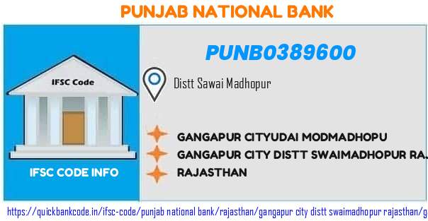 Punjab National Bank Gangapur Cityudai Modmadhopu PUNB0389600 IFSC Code