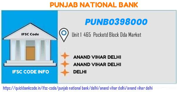 Punjab National Bank Anand Vihar Delhi PUNB0398000 IFSC Code