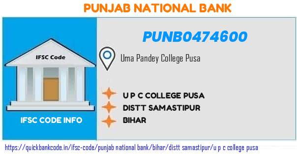 Punjab National Bank U P C College Pusa PUNB0474600 IFSC Code