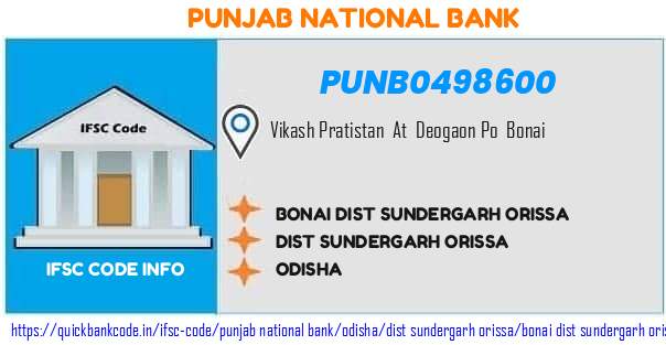 Punjab National Bank Bonai Dist Sundergarh Orissa PUNB0498600 IFSC Code