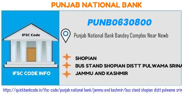 Punjab National Bank Shopian PUNB0630800 IFSC Code