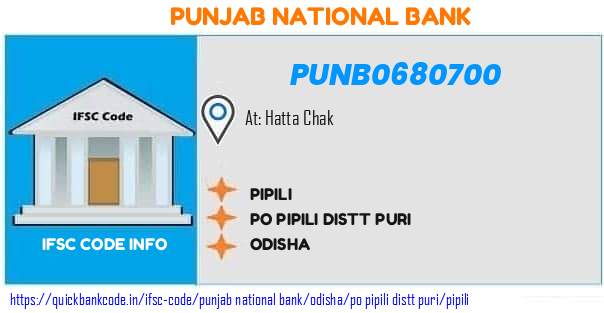 Punjab National Bank Pipili PUNB0680700 IFSC Code