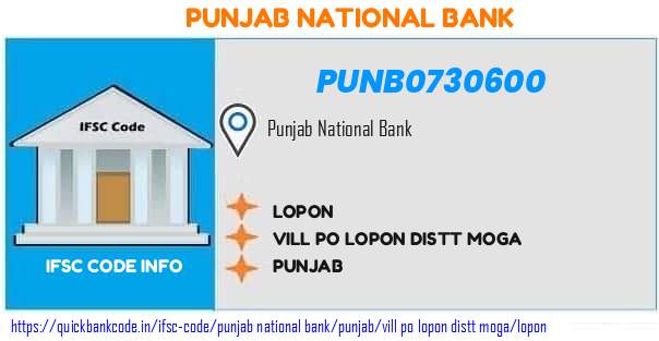 Punjab National Bank Lopon PUNB0730600 IFSC Code