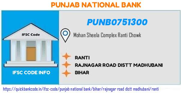 Punjab National Bank Ranti PUNB0751300 IFSC Code