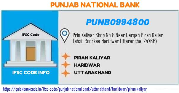 Punjab National Bank Piran Kaliyar PUNB0994800 IFSC Code