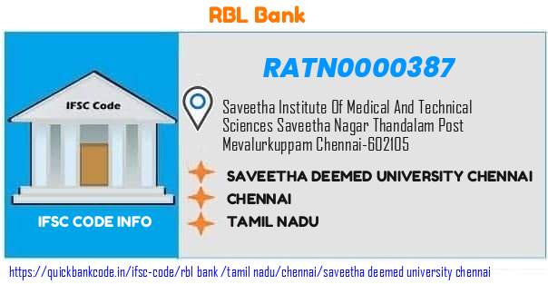 Rbl Bank Saveetha Deemed University Chennai RATN0000387 IFSC Code