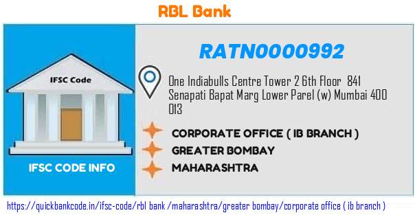RATN0000992 RBL Bank. CORPORATE OFFICE ( IB BRANCH )