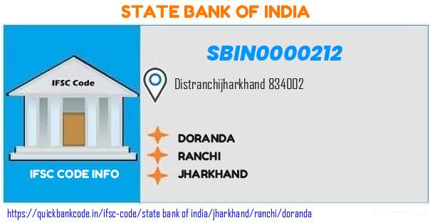 State Bank of India Doranda SBIN0000212 IFSC Code