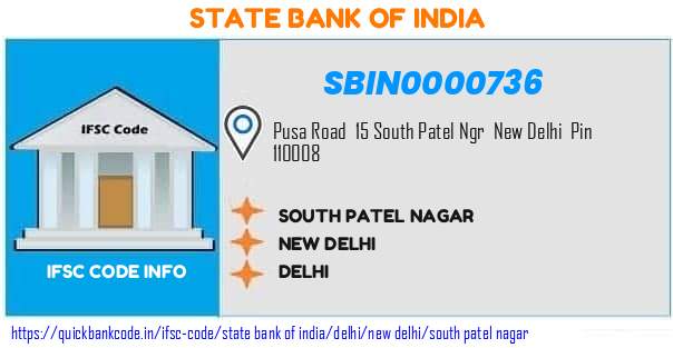 State Bank of India South Patel Nagar SBIN0000736 IFSC Code