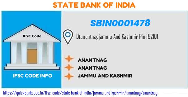 State Bank of India Anantnag SBIN0001478 IFSC Code