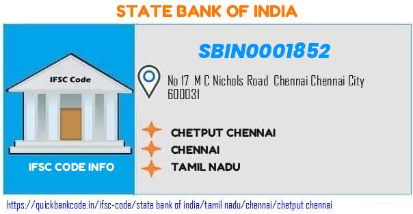 State Bank of India Chetput Chennai SBIN0001852 IFSC Code