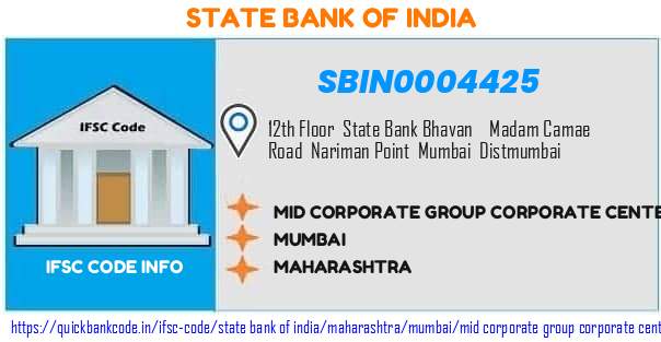 State Bank of India Mid Corporate Group Corporate Center Mumbai SBIN0004425 IFSC Code