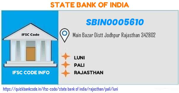 State Bank of India Luni SBIN0005610 IFSC Code