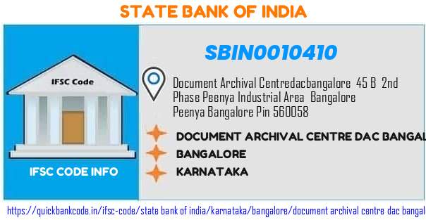 State Bank of India Document Archival Centre Dac Bangalore SBIN0010410 IFSC Code