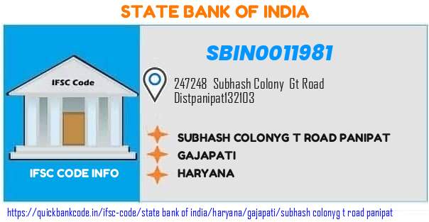 State Bank of India Subhash Colonyg T Road Panipat SBIN0011981 IFSC Code
