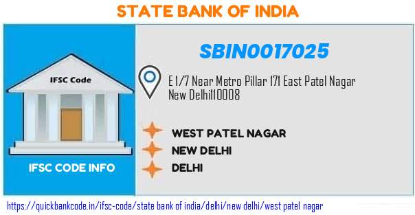 State Bank of India West Patel Nagar SBIN0017025 IFSC Code