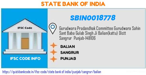 State Bank of India Balian SBIN0018778 IFSC Code