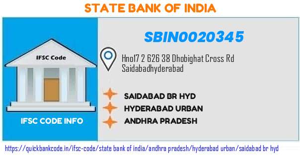 State Bank of India Saidabad Br Hyd SBIN0020345 IFSC Code