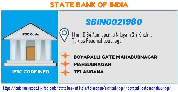 State Bank of India Boyapalli Gate Mahabubnagar SBIN0021980 IFSC Code