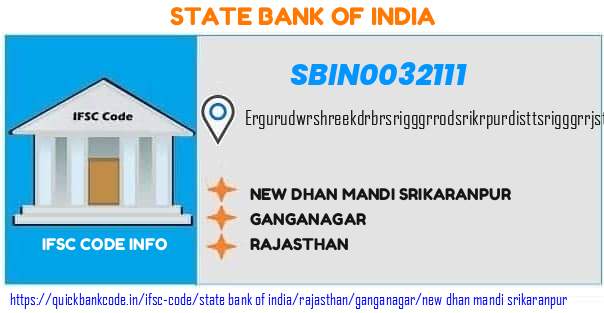State Bank of India New Dhan Mandi Srikaranpur SBIN0032111 IFSC Code