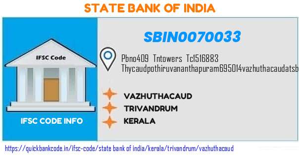 State Bank of India Vazhuthacaud SBIN0070033 IFSC Code