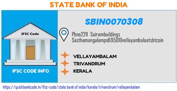 State Bank of India Vellayambalam SBIN0070308 IFSC Code