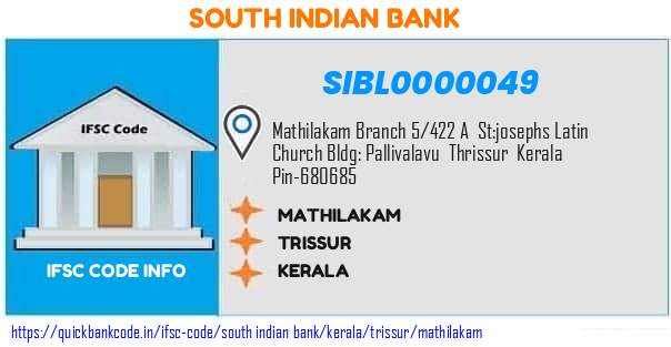 South Indian Bank Mathilakam SIBL0000049 IFSC Code