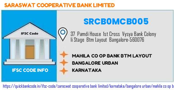 Saraswat Cooperative Bank Mahila Co Op Bank Btm Layout SRCB0MCB005 IFSC Code