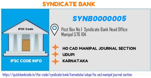 Syndicate Bank Ho Cad Manipal Journal Section SYNB0000005 IFSC Code