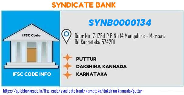Syndicate Bank Puttur SYNB0000134 IFSC Code