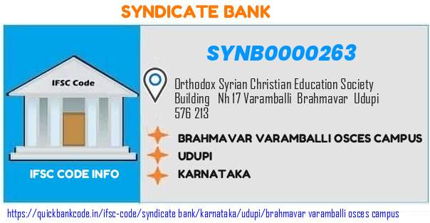 Syndicate Bank Brahmavar Varamballi Osces Campus SYNB0000263 IFSC Code