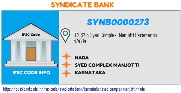 Syndicate Bank Nada SYNB0000273 IFSC Code