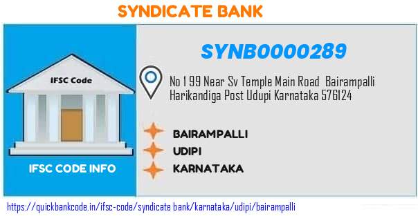 Syndicate Bank Bairampalli SYNB0000289 IFSC Code