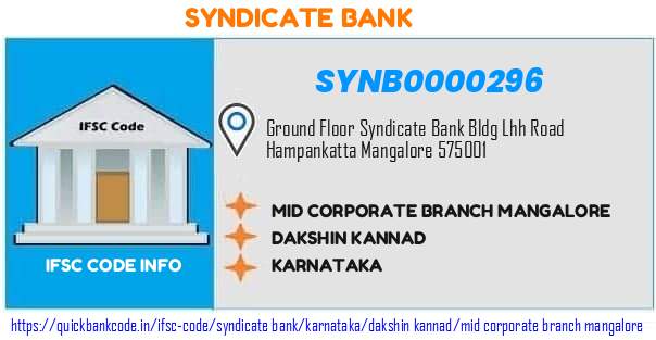 Syndicate Bank Mid Corporate Branch Mangalore SYNB0000296 IFSC Code