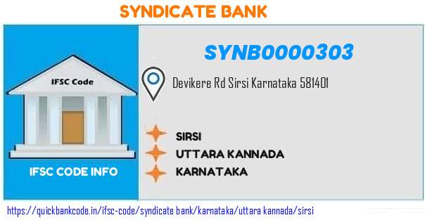 Syndicate Bank Sirsi SYNB0000303 IFSC Code