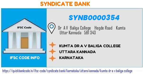 Syndicate Bank Kumta Dr A V Baliga College SYNB0000354 IFSC Code