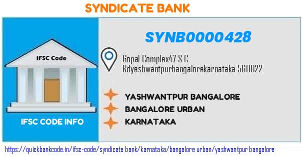 Syndicate Bank Yashwantpur Bangalore SYNB0000428 IFSC Code
