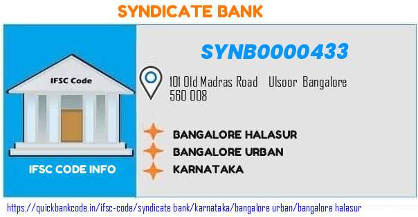 Syndicate Bank Bangalore Halasur SYNB0000433 IFSC Code