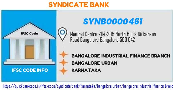 Syndicate Bank Bangalore Industrial Finance Branch SYNB0000461 IFSC Code