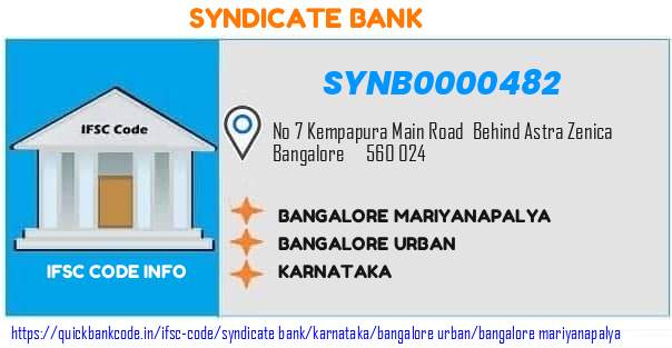 Syndicate Bank Bangalore Mariyanapalya SYNB0000482 IFSC Code