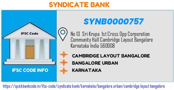 Syndicate Bank Cambridge Layout Bangalore SYNB0000757 IFSC Code