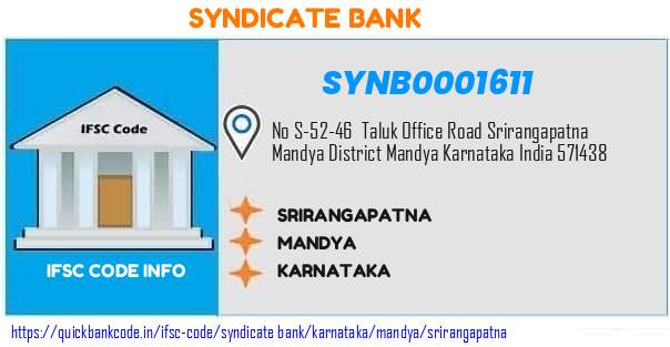 Syndicate Bank Srirangapatna SYNB0001611 IFSC Code