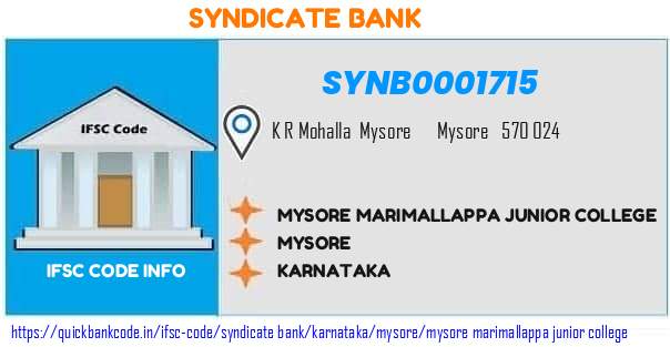 Syndicate Bank Mysore Marimallappa Junior College SYNB0001715 IFSC Code