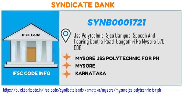Syndicate Bank Mysore Jss Polytechnic For Ph SYNB0001721 IFSC Code