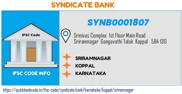 Syndicate Bank Sriramnagar SYNB0001807 IFSC Code
