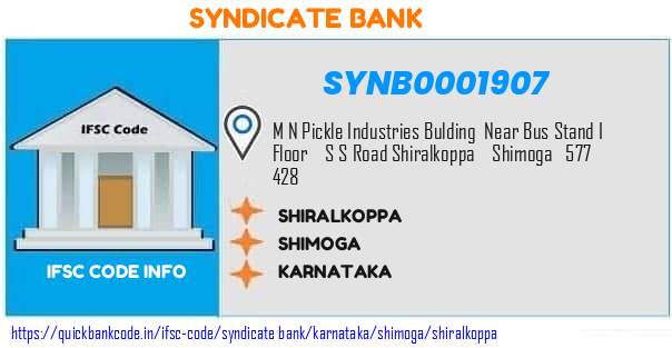 Syndicate Bank Shiralkoppa SYNB0001907 IFSC Code